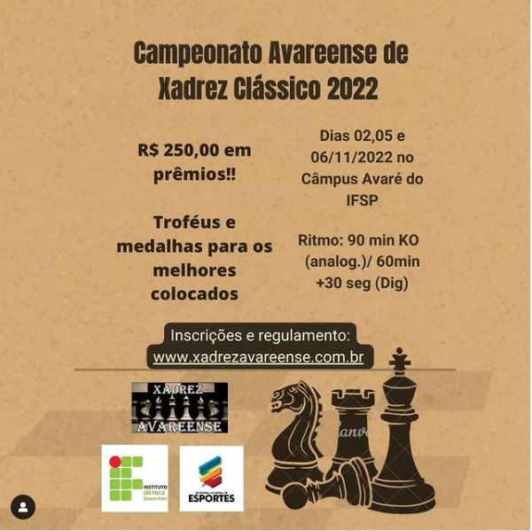 Campeonato de Xadrez Clássico começa neste domingo  Prefeitura Municipal  da Estância Turística de Avaré SP