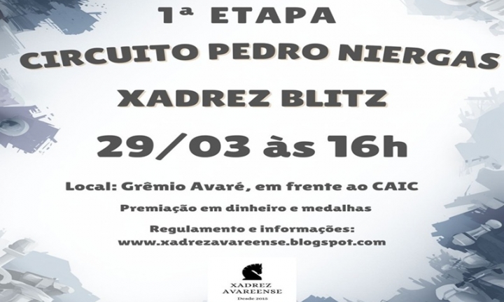 Domingo, 29, tem a 1ª Etapa do Circuito Pedro Niergas de Xadrez Blitz