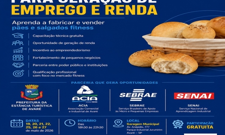 Curso gratuito da prefeitura oferece capacitação em panificação fitness