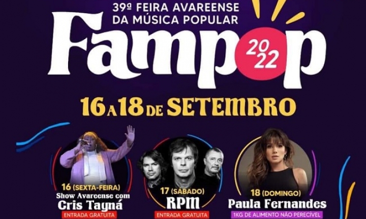 Cris Tayná, RPM e Paula Fernandes são as atrações da 39ª Fampop