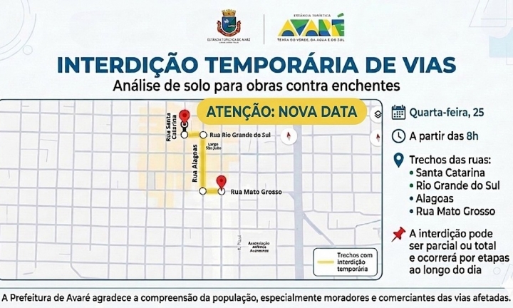 Ruas do centro passam por interdição temporária nesta quarta-feira, 25