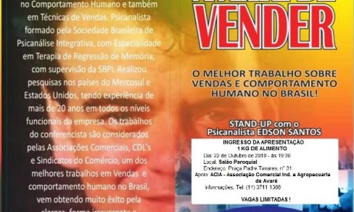 Palestra gratuita A Arte de Vender ocorre na próxima 2ª Feira