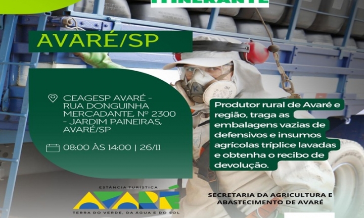 Ação no dia 26 recolhe embalagens vazias de defensivos agrícolas