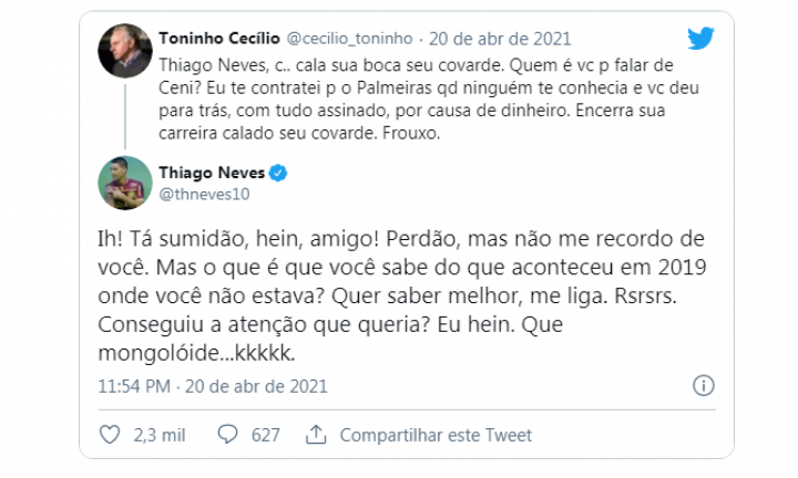 Avareense Toninho Cecílio bate boca com jogador Thiago Neves