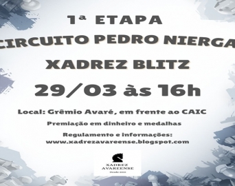 Domingo, 29, tem a 1ª Etapa do Circuito Pedro Niergas de Xadrez Blitz