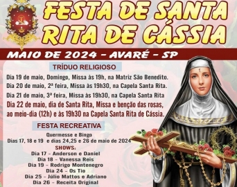 Festa de Santa Rita começa nesta sexta-feira, 17, com vasta programação