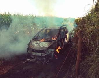 Carro fica totalmente destruído após atolar e pegar fogo