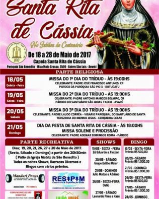 Começa hoje a 31ª Festa de Santa Rita de Cássia
